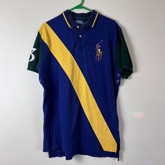 Polo Ralph Lauren Blue Yellow Stripe Big Pony Polo Shirt Classic Fit Size L - Picture 1 of 8